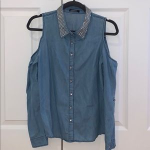 Long Sleeve Denim Cold Shoulder Top